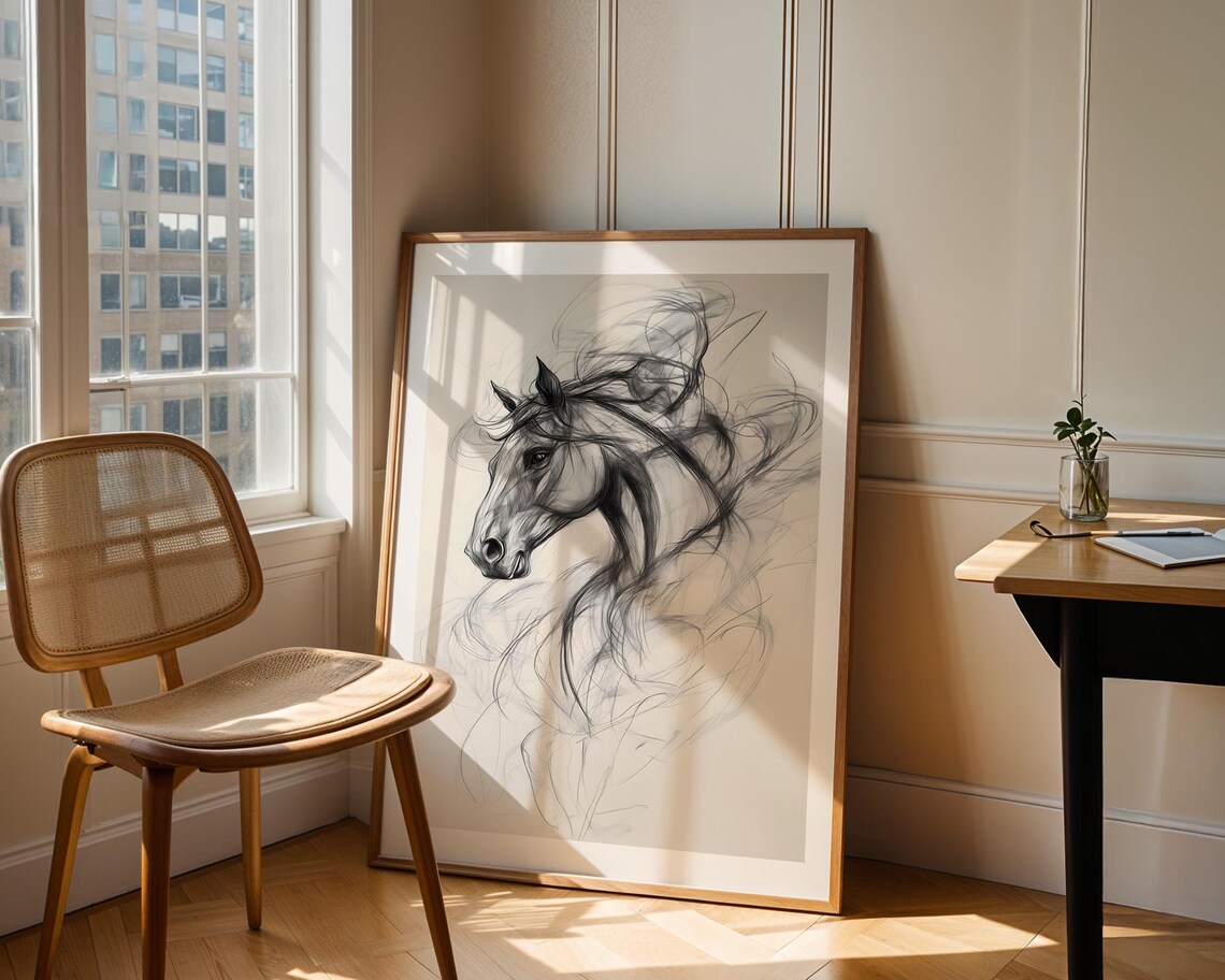 Horse Head Ethereal Flowing Mane Monochrome Sketch Equestrian Art Poster - Image 3