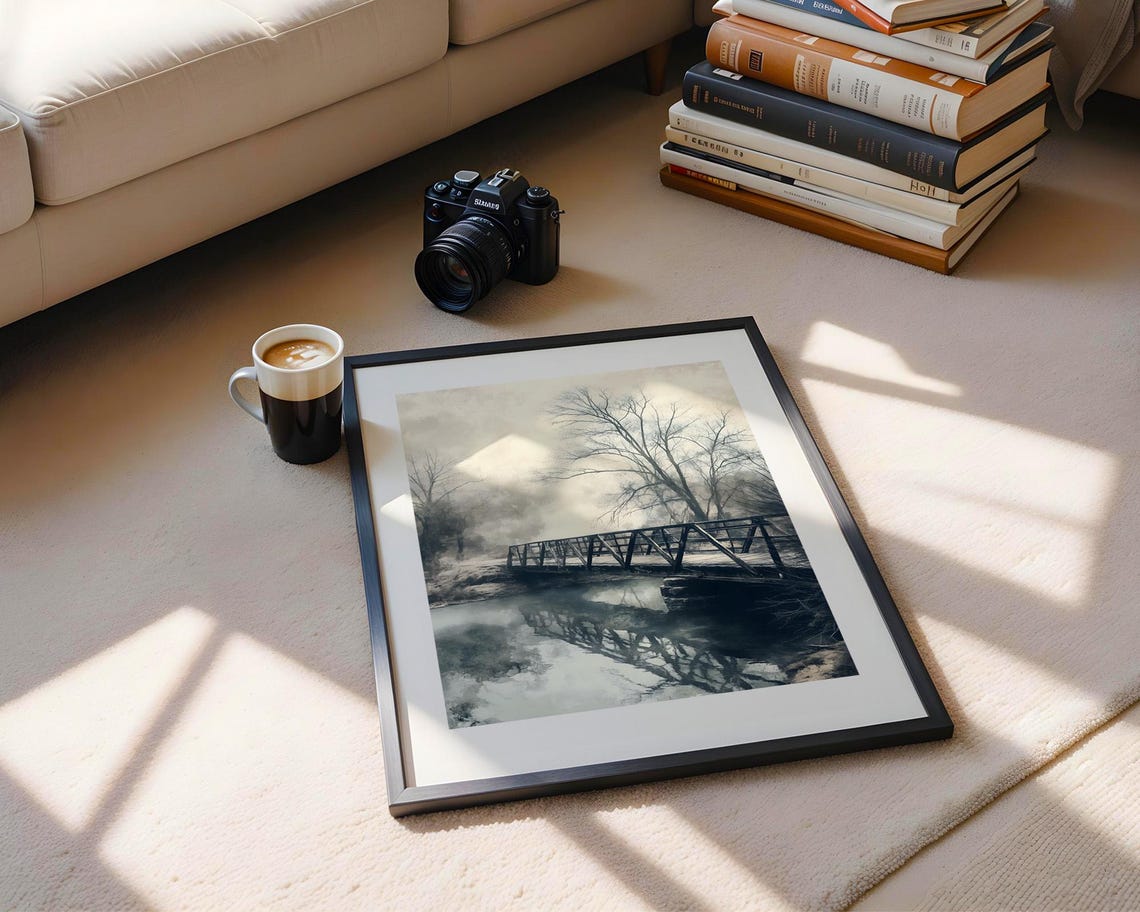 Misty Winter Bridge Black and White Forest Path Reflection Poster - Image 5