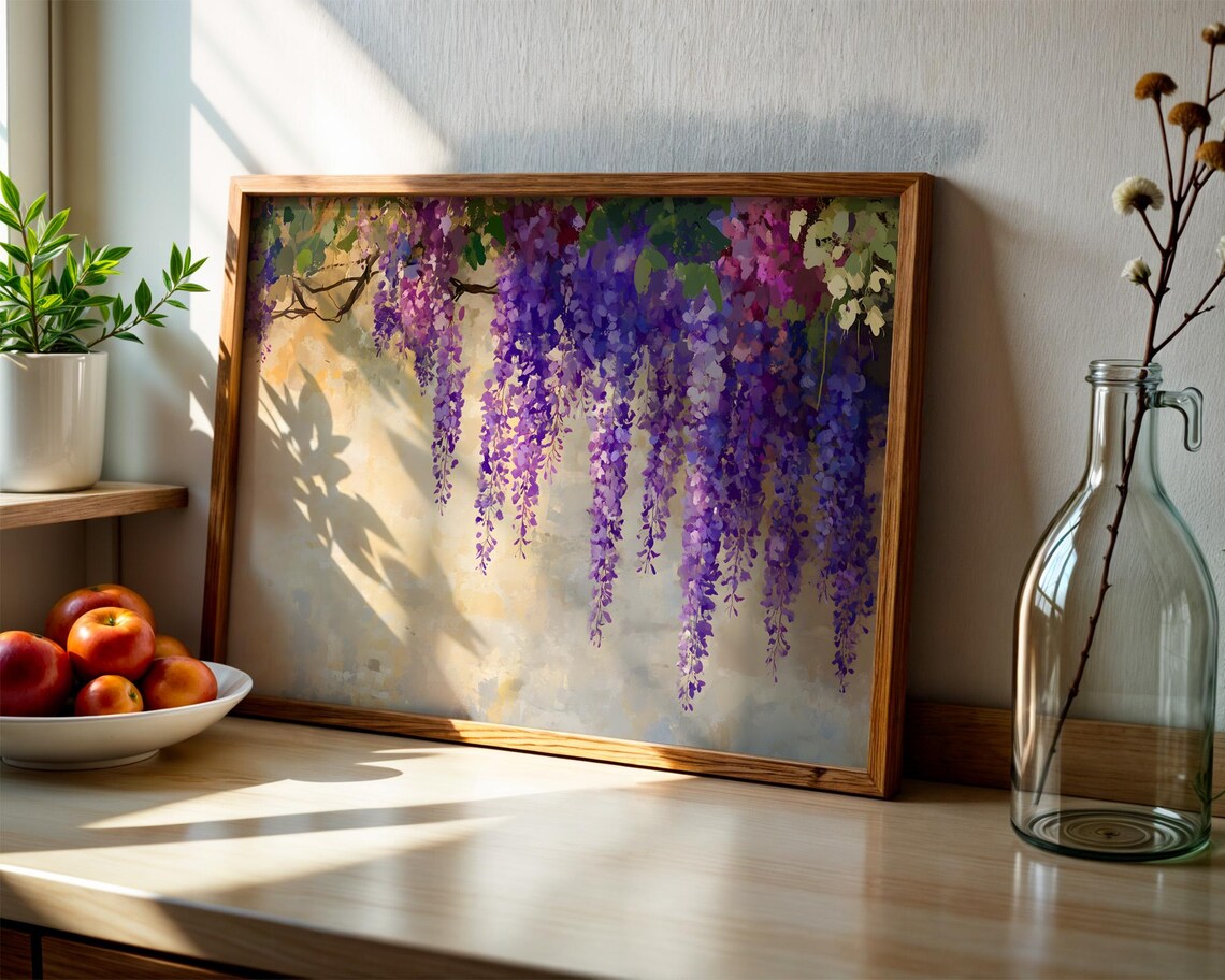 Purple Wisteria Hanging Blossoms Watercolor Floral Painting Poster - Image 3