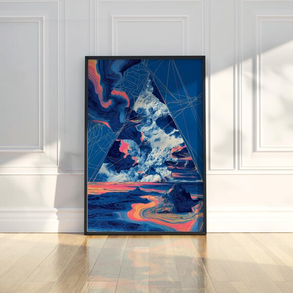 Abstract Geometric Ocean Sea Coastal Mountain Scene Painting Trendy Poster Wall Art Print Modern Home Decor Gift