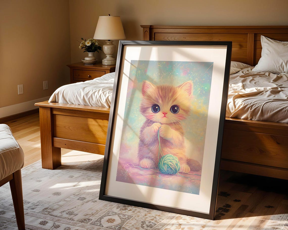 Cute Fluffy Kitten Playing Yarn Ball Pastel Nursery Art Poster - Image 4
