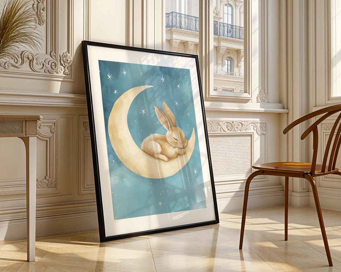 Sweet Sleeping Bunny Curled on Crescent Moon Starry Night Poster - Image 3