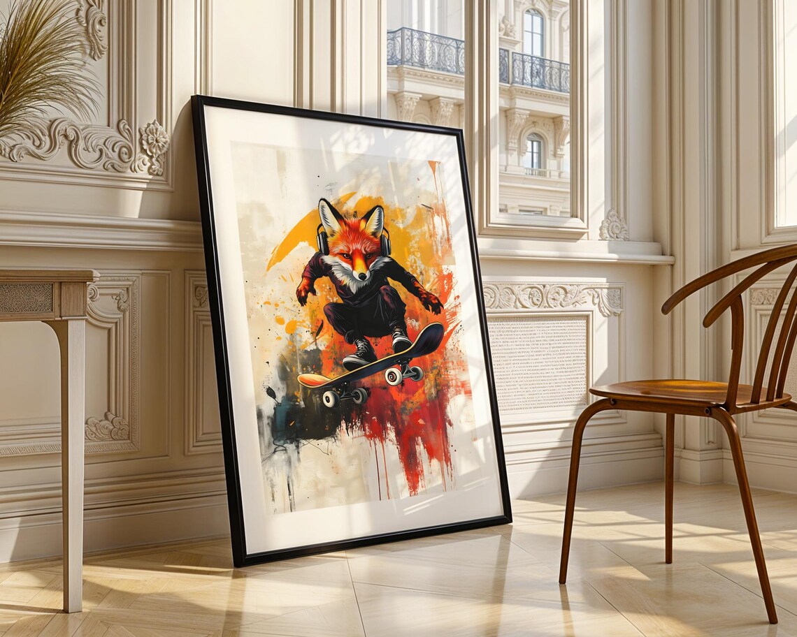 Skateboarding Fox Headphones Splash Paint Orange Action Skater Poster