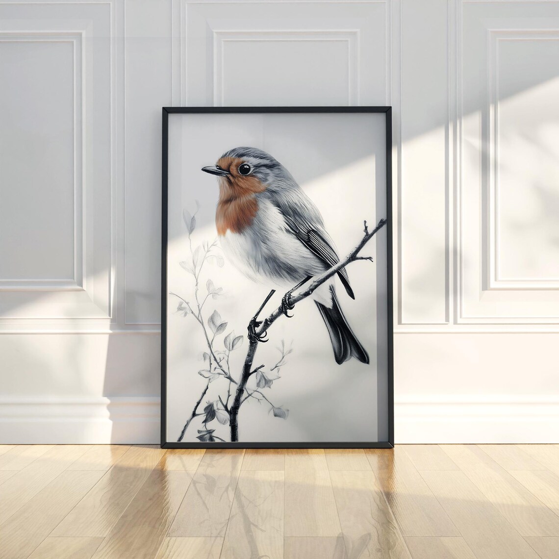 European Robin Perched On Branch Delicate Monochrome Bird Sketch Poster