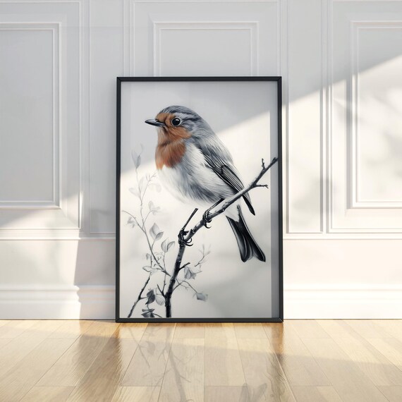 European Robin Perched On Branch Delicate Monochrome Bird Sketch Poster