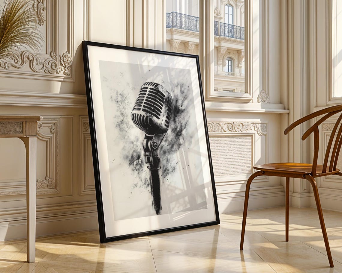 Classic Vintage Microphone Black Charcoal Splatter Music Art Poster - Image 4