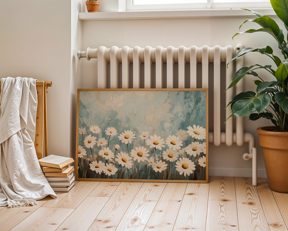 White Daisies Teal Textured Background Floral Oil Painting Poster - Image 6