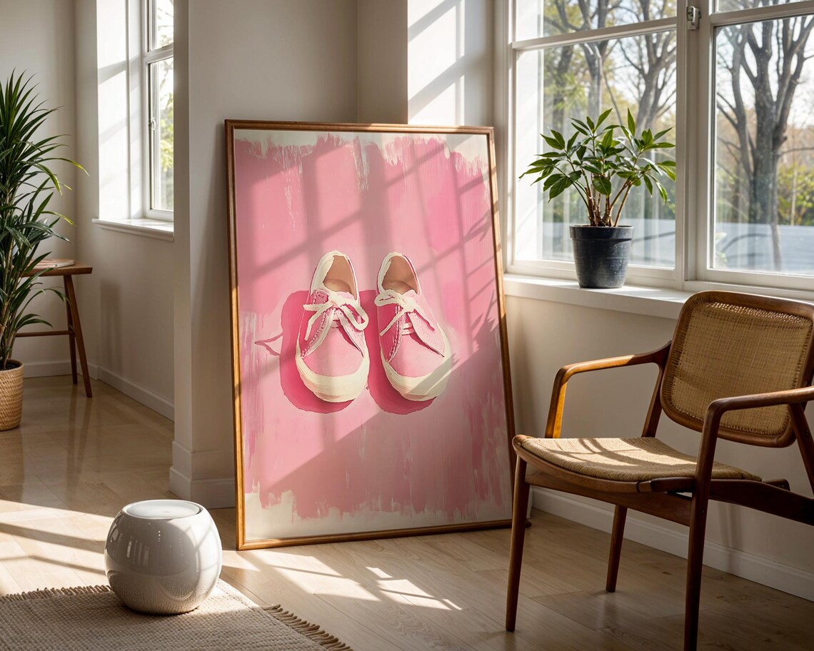 Pink Baby Sneakers Watercolor Style On Blush Pink Background Poster - Image 3