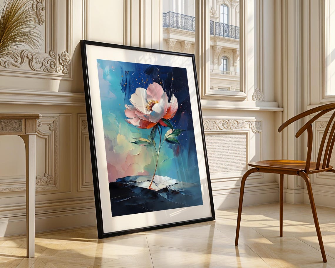 White Flower on Midnight Blue Abstract Gold Floral Style Poster - Image 3
