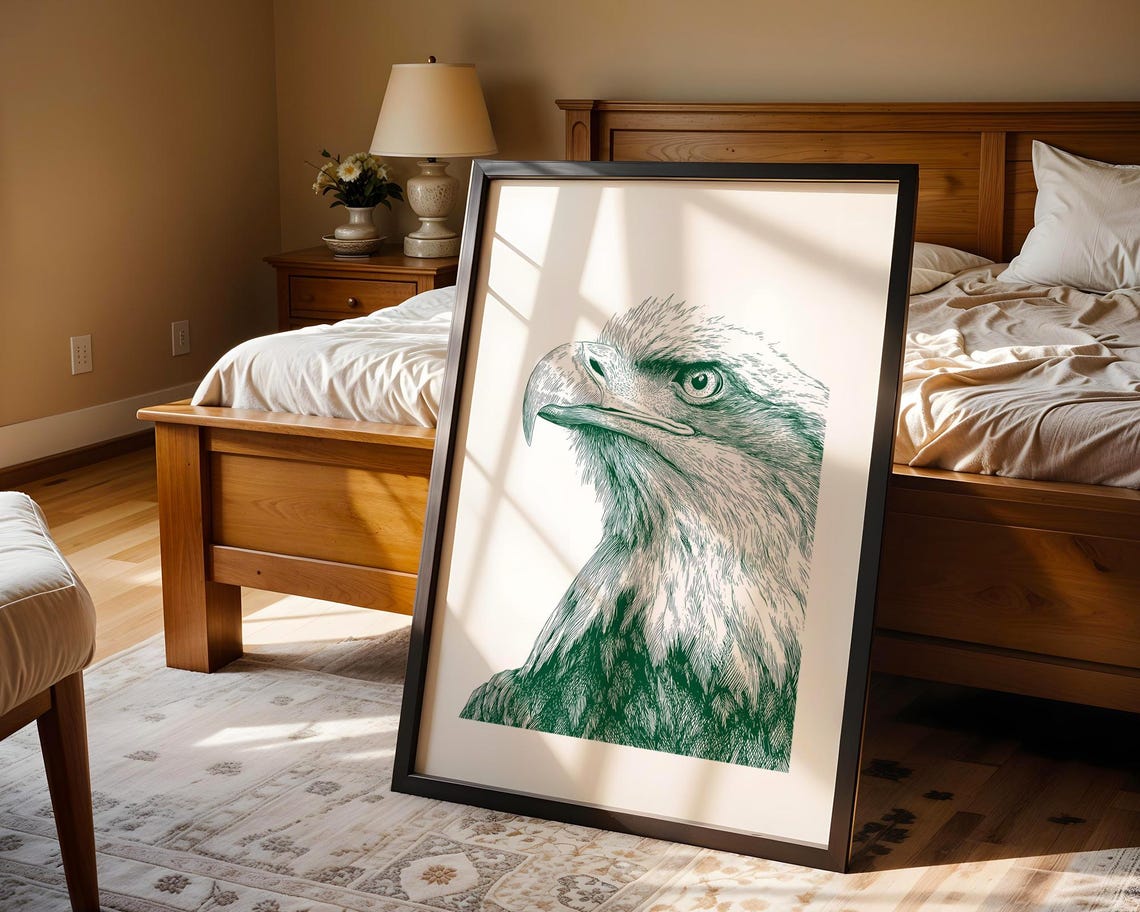 Bald Eagle Head Green Ink Engraving Style Wildlife Portrait Poster - Image 5