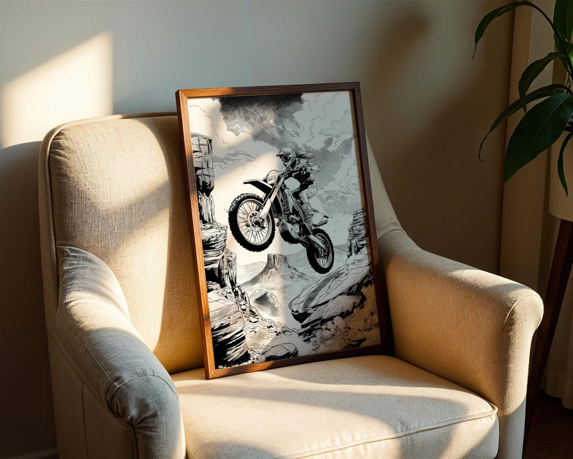 Dirt Bike Rider Jump Comic Style Black White Adventure Poster - Image 2