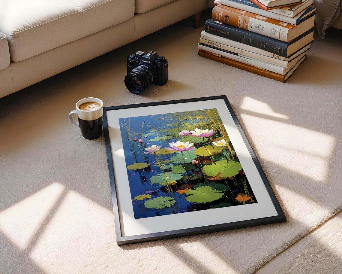 Water Lilies Blue Pond Lily Pads Tranquil Floral Oil Painting Poster - Image 5