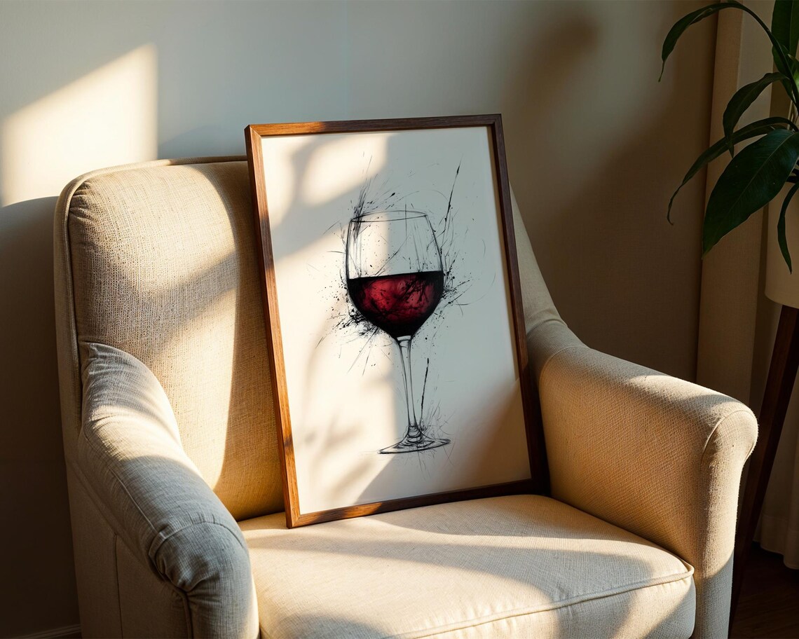 Red Wine Glass Ink Splatter Sketch Elegant Kitchen Bar Wall Art - Image 2