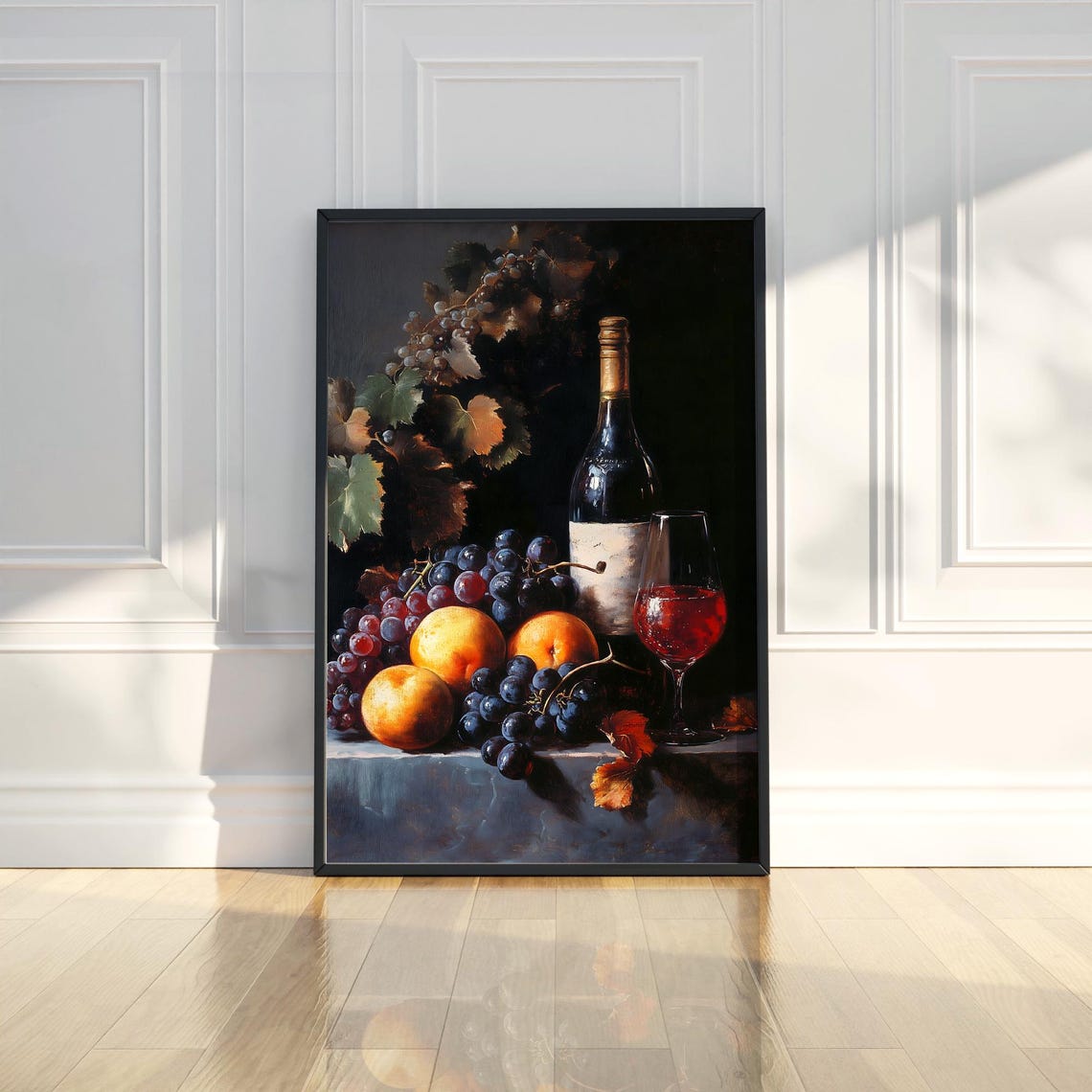 Wine Bottle Grapes Dark Still Life Oil Style Classic Dining Poster