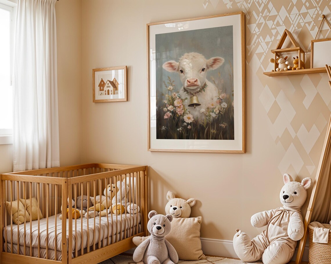 White Calf With Bell Among Wildflowers Farmhouse Animal Poster - Image 3