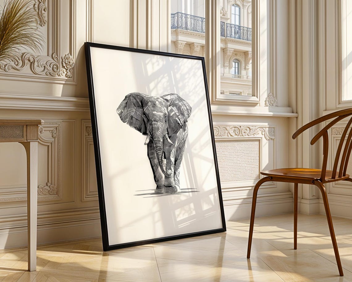Elephant Ink Sketch Line Art Simple Animal Illustration Draw Trendy Poster Wall Print Modern Home Decor Gift - Image 4