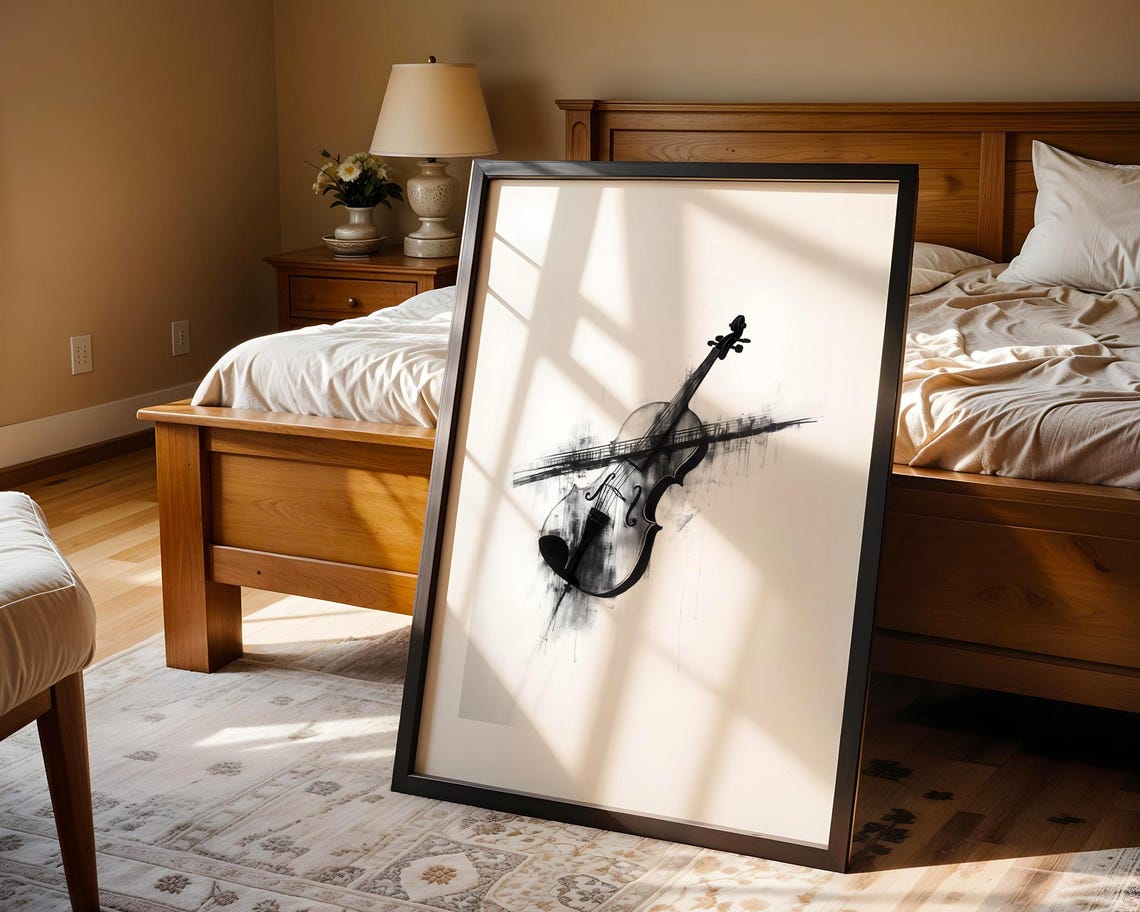 Violin with Music Staff Lines Black Ink Abstract Classical Art Poster - Image 5