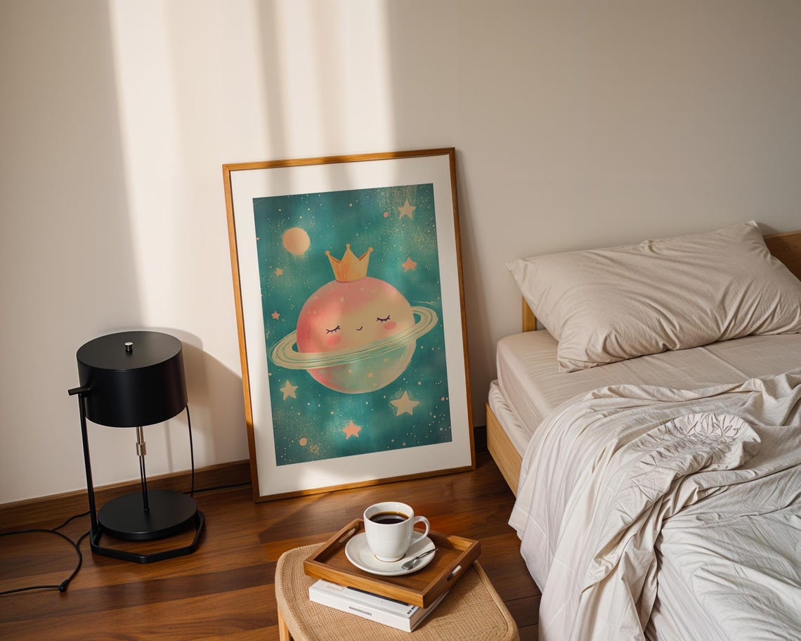 Cute Smiling Pink Planet With Crown Nursery Space Art Poster - Image 2