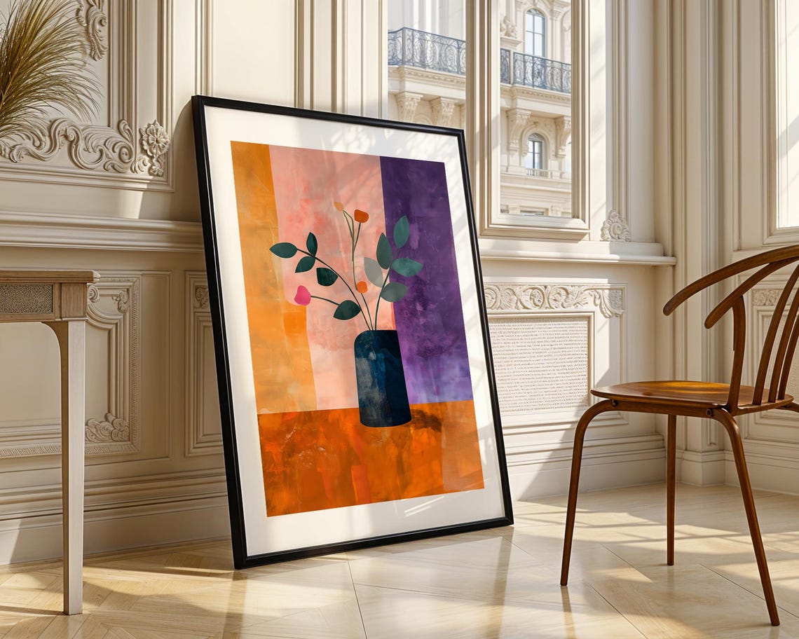 Abstract Blue Vase Floral Still Life Colorful Modern Art Print - Image 3