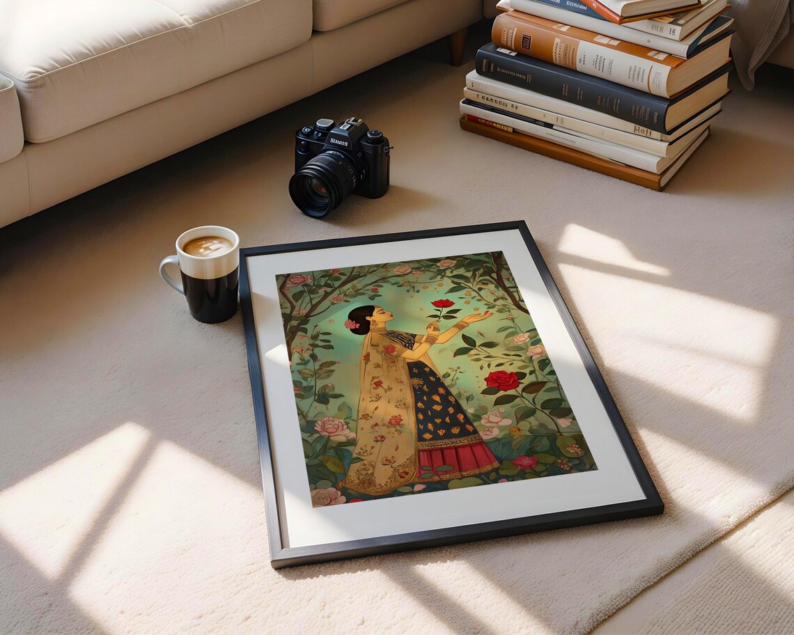 Indian Woman Rose Garden Traditional Mughal Style Art Poster - Image 6