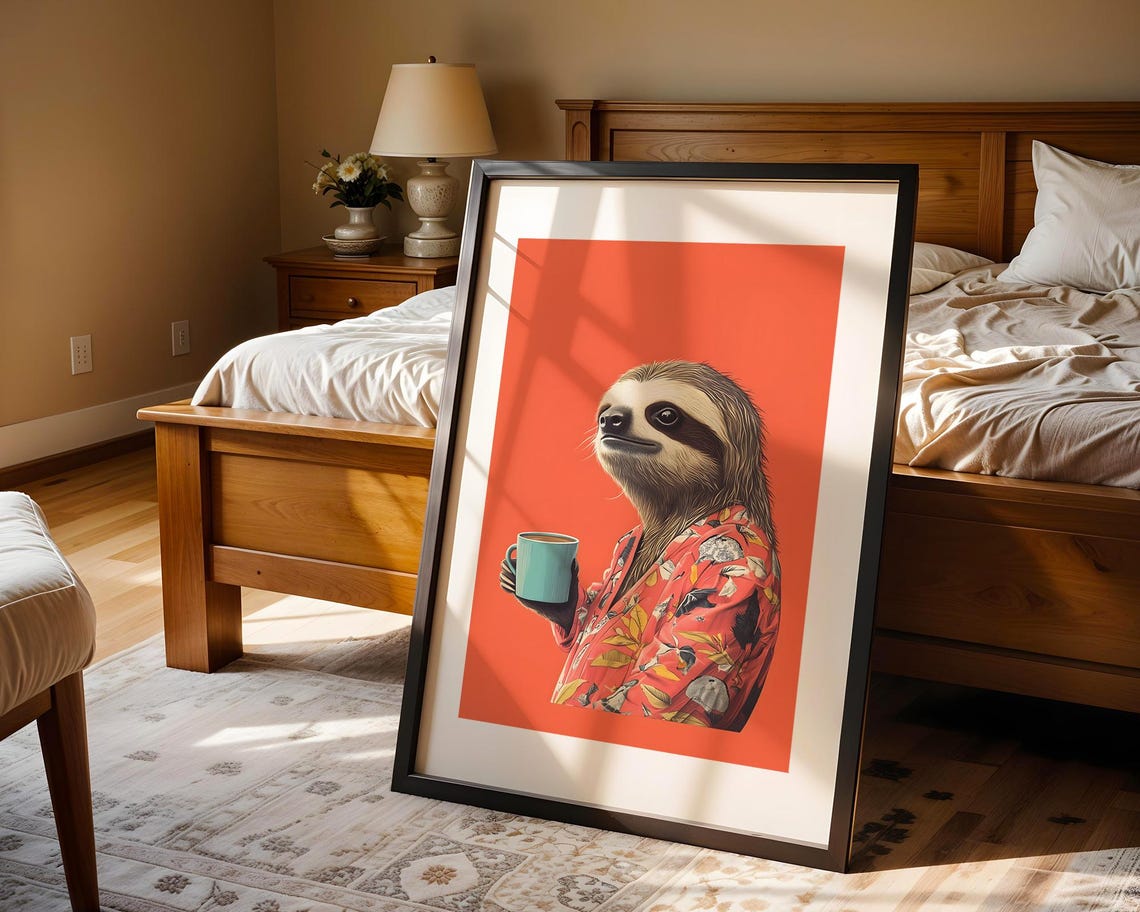 Sloth With Coffee Mug Robe Chill Animal Art Print Trendy Wall Room Decor Prints Poster