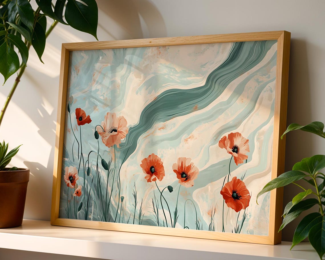 Coral Poppies Teal Marble Waves Modern Botanical Floral Wall Art - Image 4