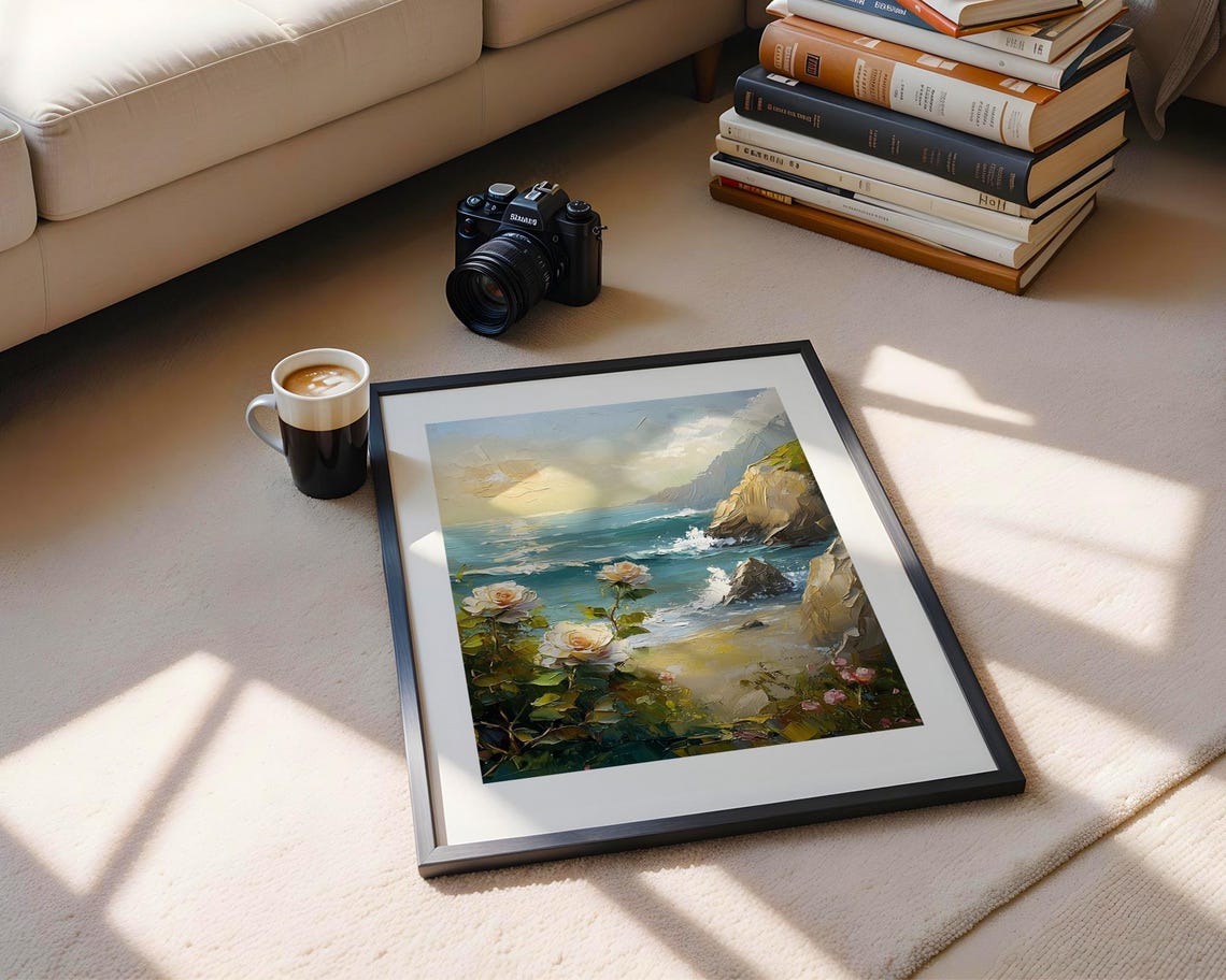 White Roses Coastal Cliff Sea Sunset Romantic Oil Painting Poster - Image 5
