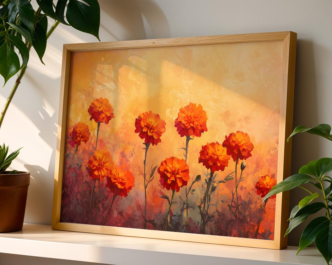 Vibrant Orange Marigold Flowers Golden Yellow Background Art Poster - Image 3