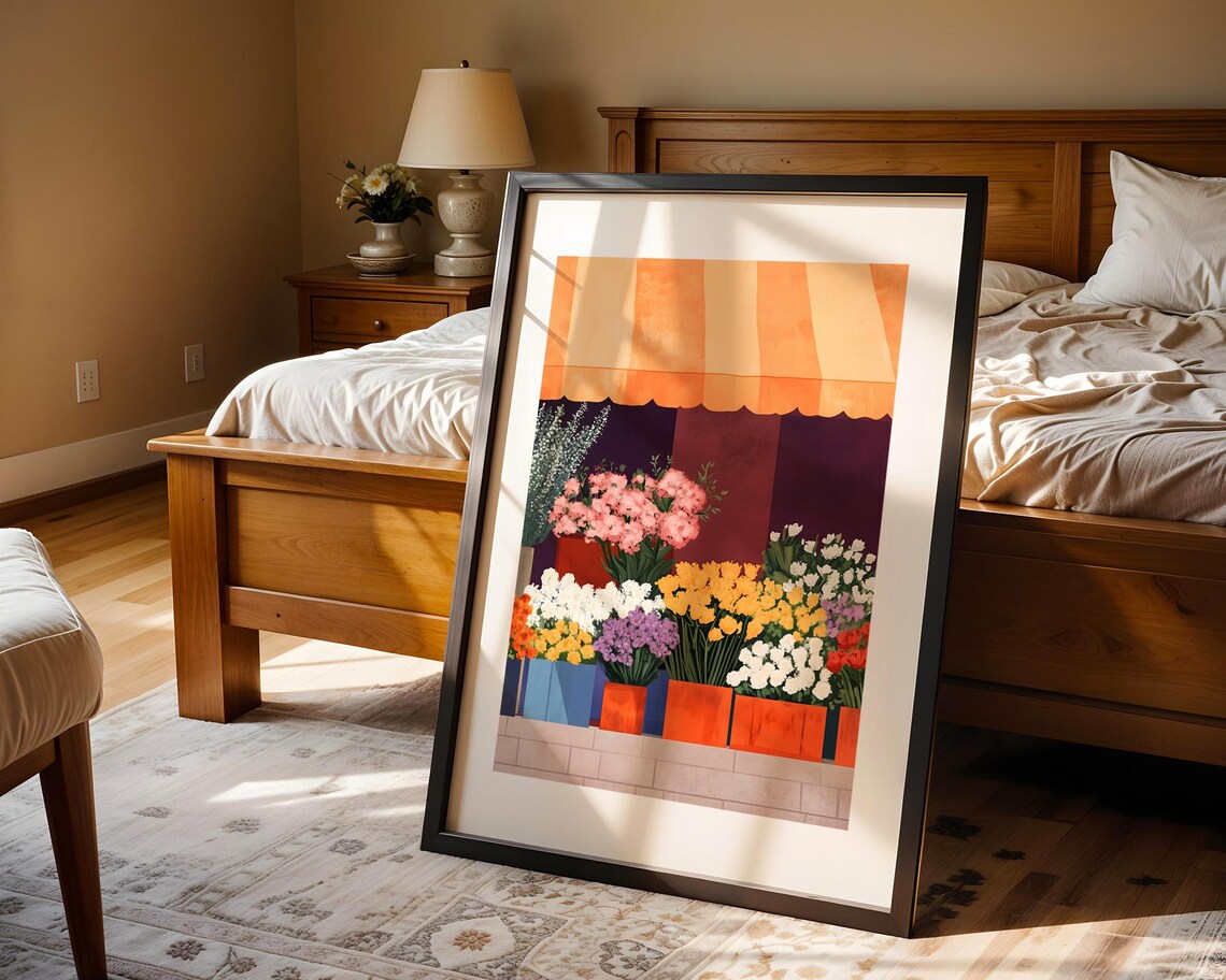 Flower Market Storefront Striped Awning Colorful Floral Poster