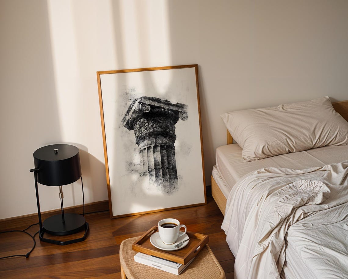 Ancient Stone Column Capital Black Ink Architectural Sketch Art Poster - Image 3