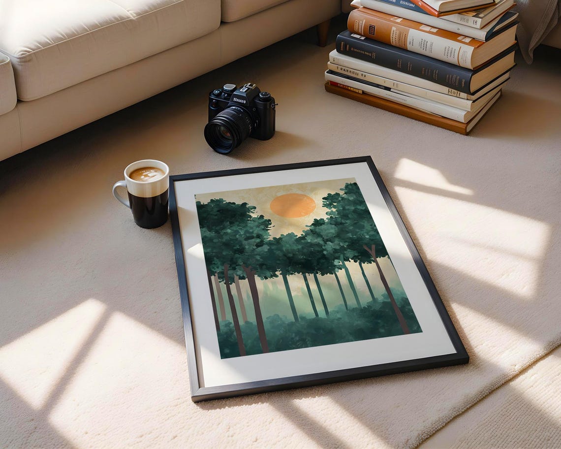 Green Forest Orange Sun Minimalist Watercolor Landscape Art Poster - Image 5