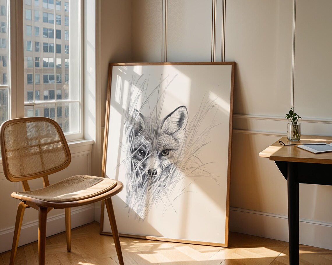 Fox Face Tall Grass Monochrome Pencil Sketch Wildlife Peeking Art Poster - Image 3