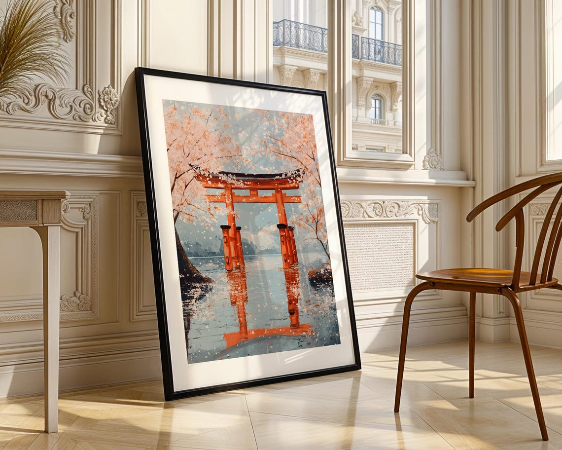 Japanese Torii Gate Cherry Blossoms Water Lake Landscape Print - Image 3