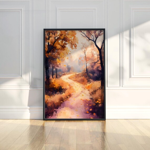 Golden Autumn Forest Path with Falling Leaves Painting Poster