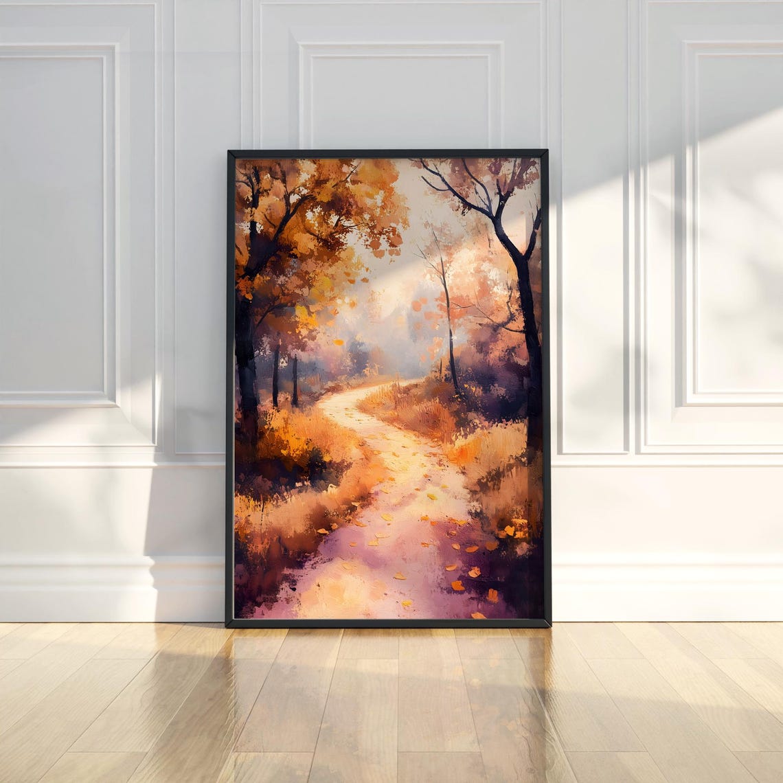 Golden Autumn Forest Path with Falling Leaves Painting Poster