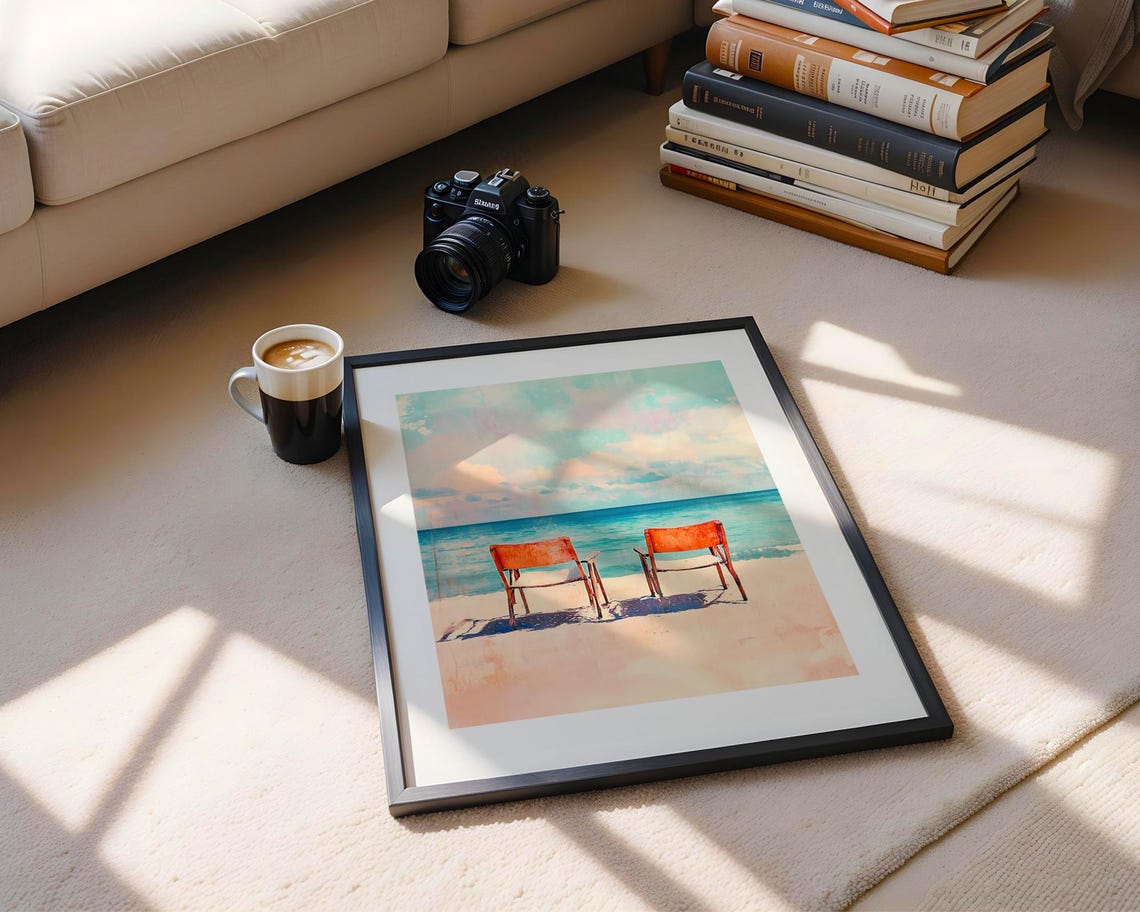 Two Orange Chairs Beach Scene Turquoise Ocean Watercolor Art Poster - Image 5