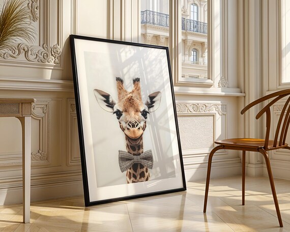 Baby Giraffe Plaid Bow Tie Cute Nursery Animal Portrait Art Poster