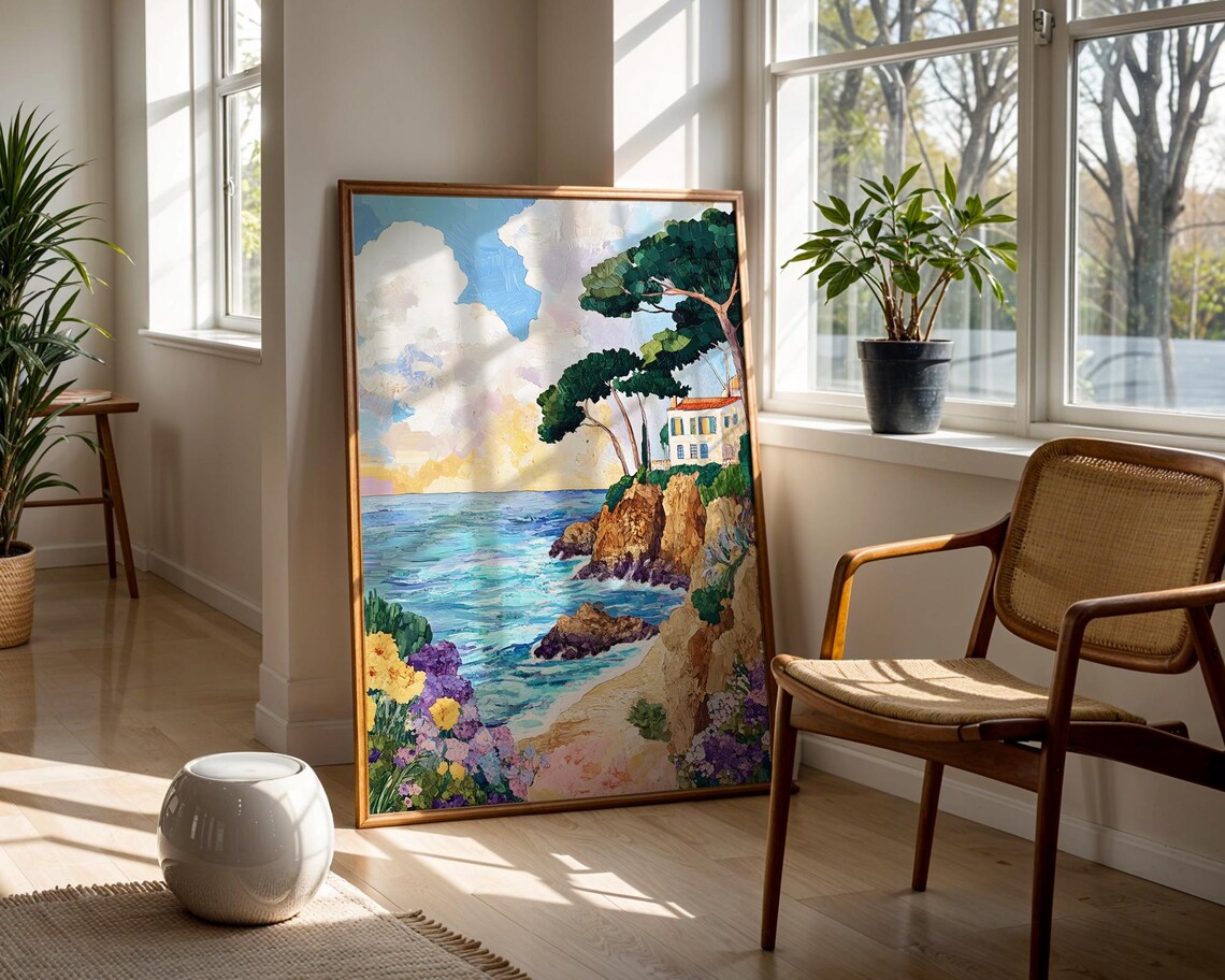Seaside Villa On Rocky Cliffs Turquoise Coast Watercolor Landscape Poster