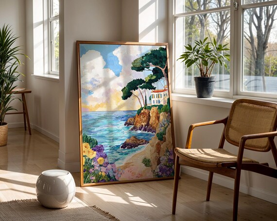 Seaside Villa On Rocky Cliffs Turquoise Coast Watercolor Landscape Poster