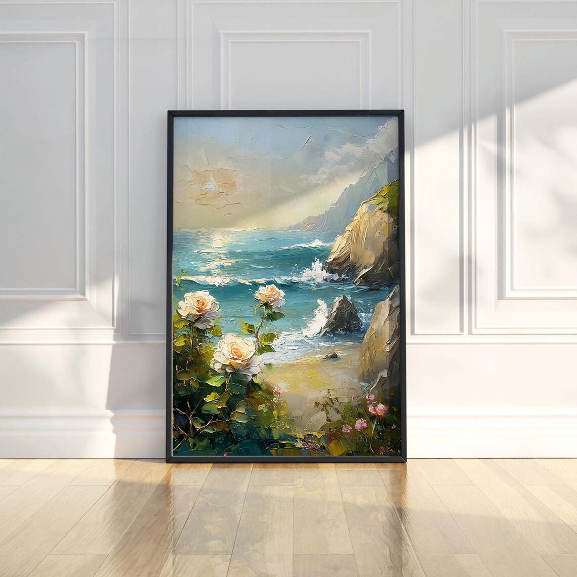 White Roses Coastal Cliff Sea Sunset Romantic Oil Painting Poster