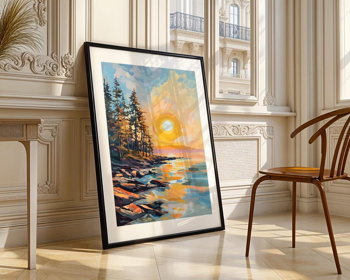 Golden Sunset Pine Coast Painting Poster for Warm Home Decor - Image 3