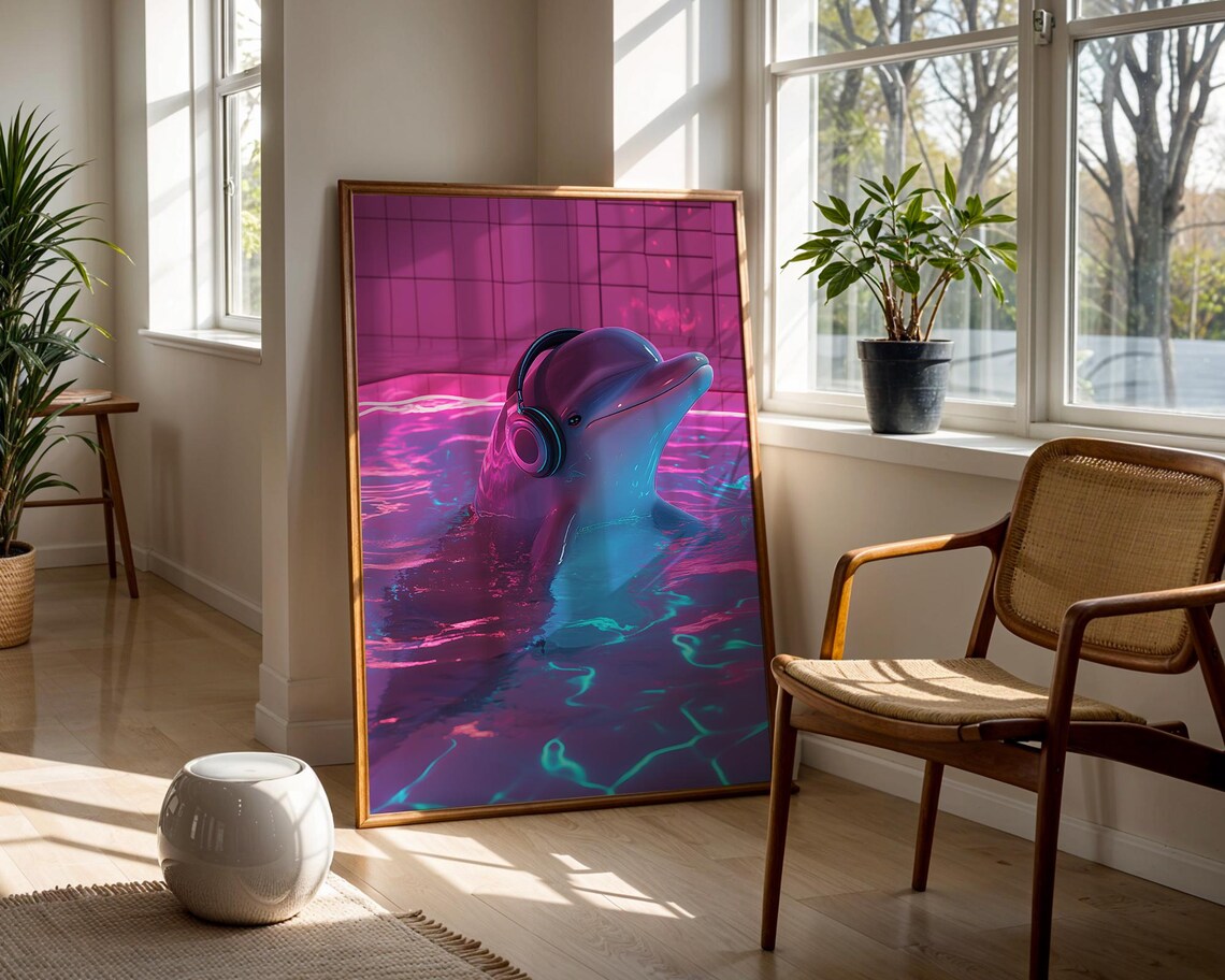 Dolphin Wearing Headphones Neon Pink Pool Futuristic Fun Animal Poster - Image 3