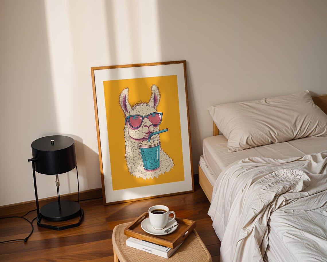 Llama With Sunglasses Drinking Smoothie Pop Art Illustration Trendy Wall Modern Prints Room Decor Print Funny - Image 2