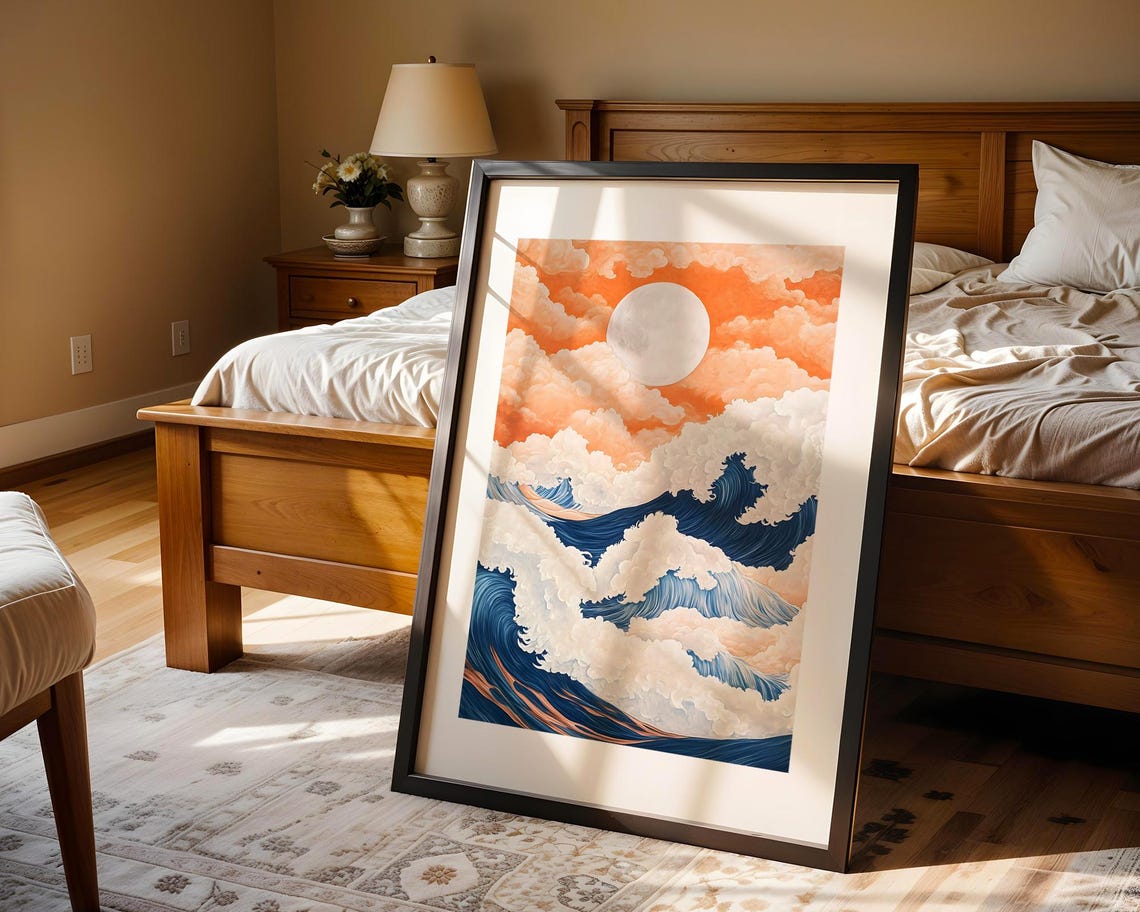 Moonlit Ocean Waves Blue And Orange Dramatic Surreal Seascape Poster - Image 4