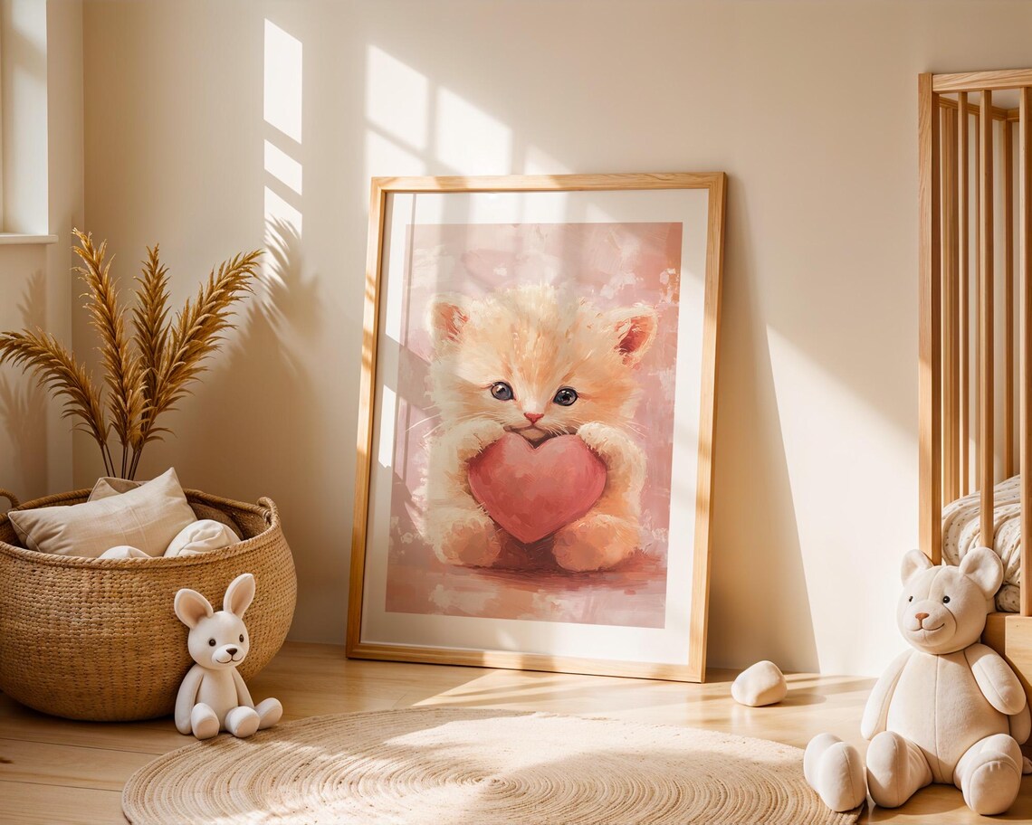 Cute Valentine Kitten Holding Heart Pastel Romantic Cat Poster