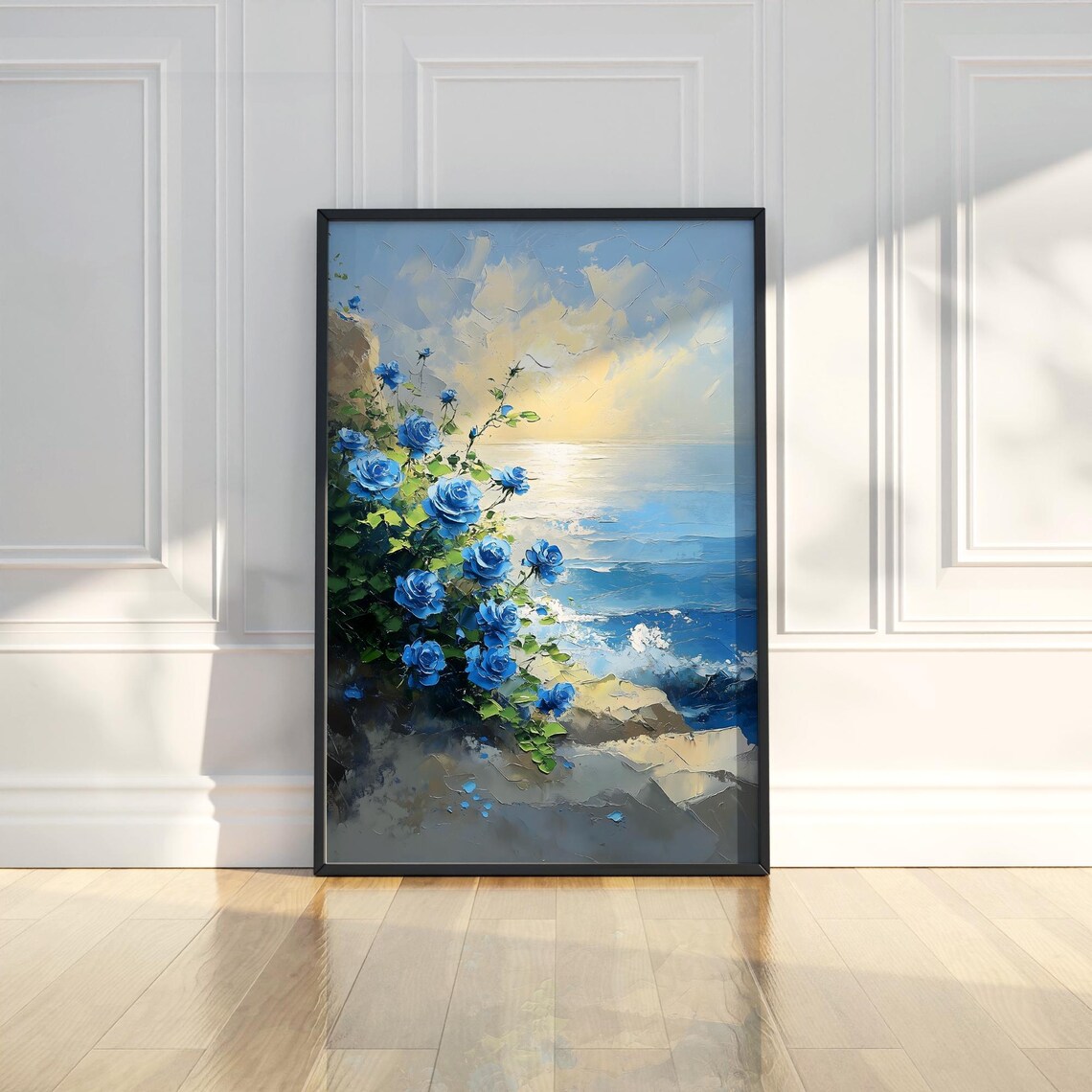 Blue Roses Rocky Coast Sunrise Ocean View Floral Oil Painting Poster