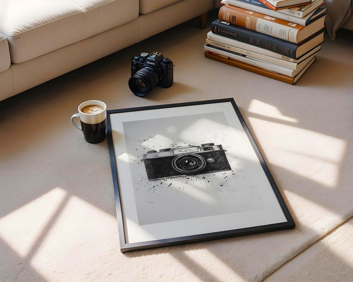 Vintage Film Camera Charcoal Sketch Black Ink Splatter Art Poster - Image 6