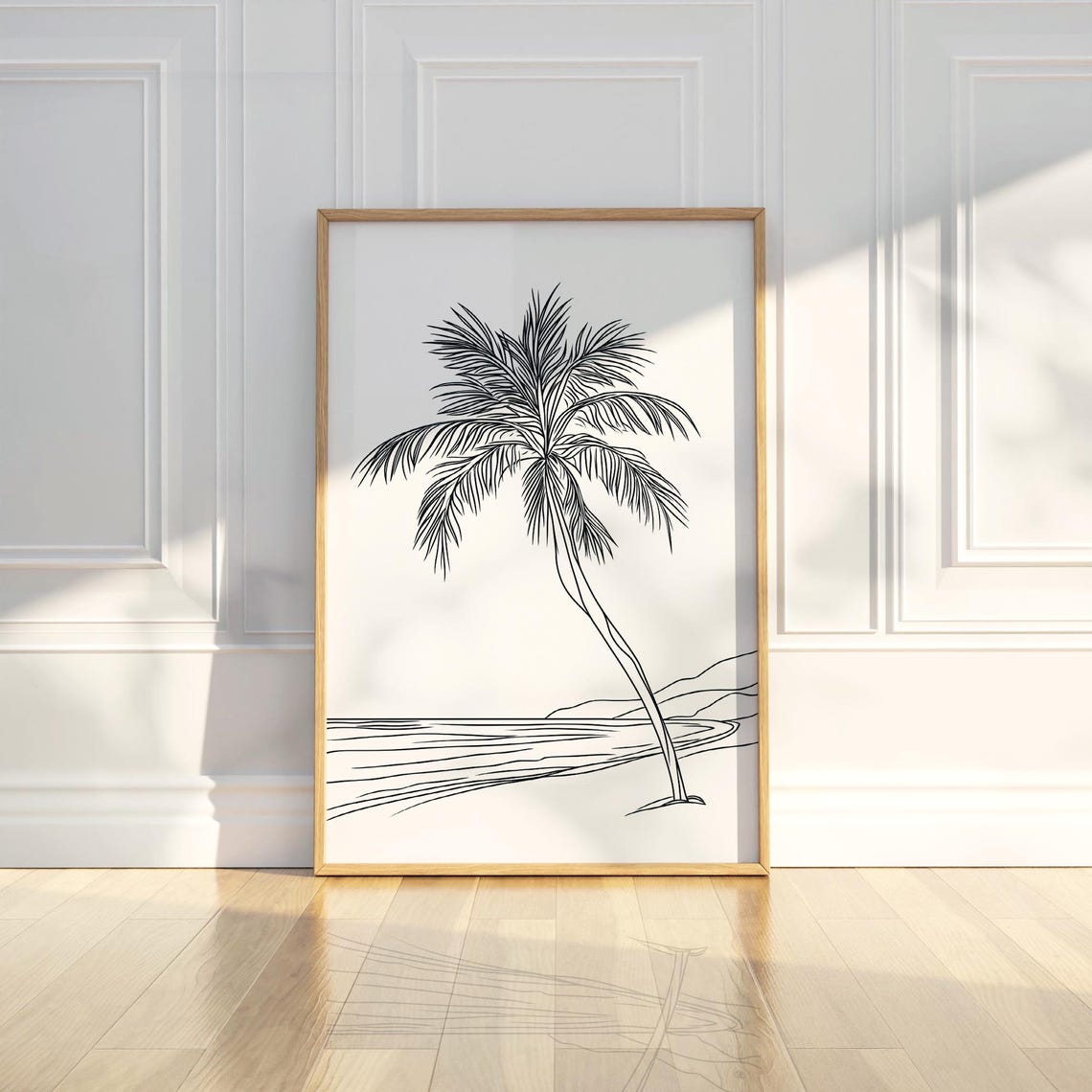 Minimalist Palm Tree Beach Ocean Sunset Line Drawing Wall Art