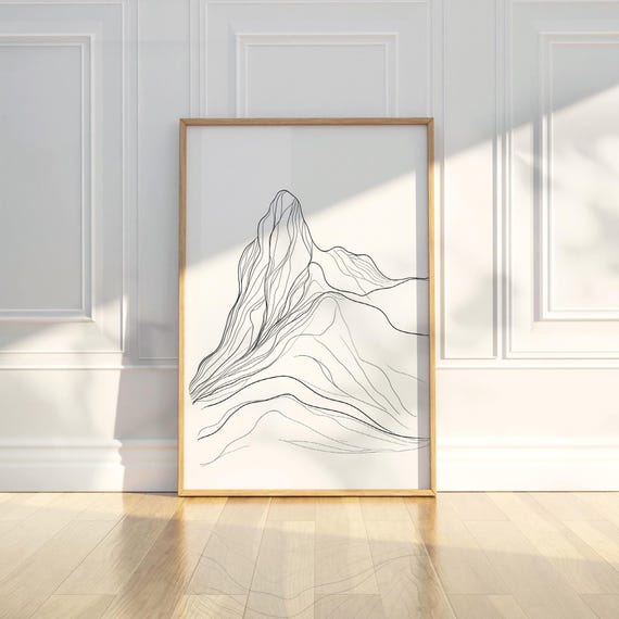 Abstract Mountain Line Drawing Sketch Wall Art Print Black White Landscape Nature Organic Minimalist Home Decor Living Room Office