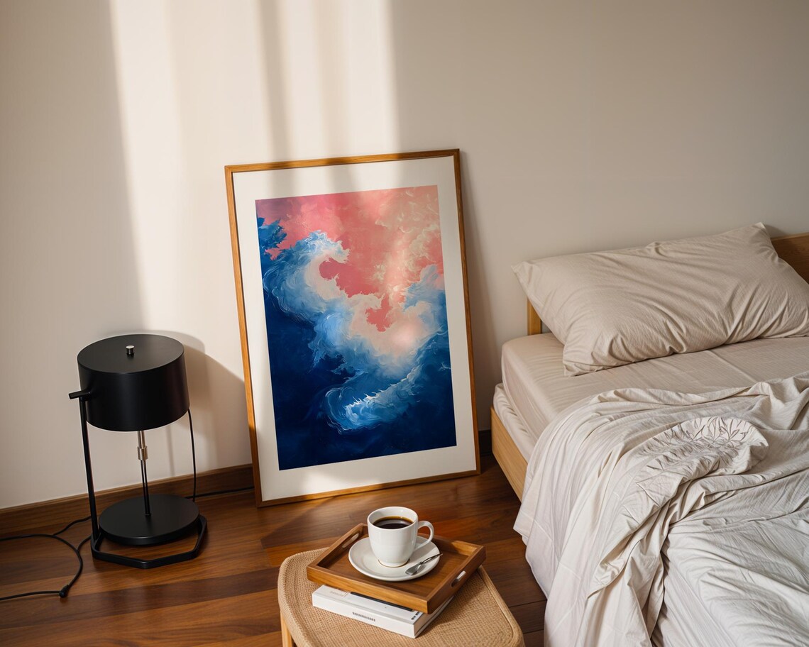 Vibrant Abstract Ocean Waves Fluid Blue Pink Swirl Art Poster - Image 2